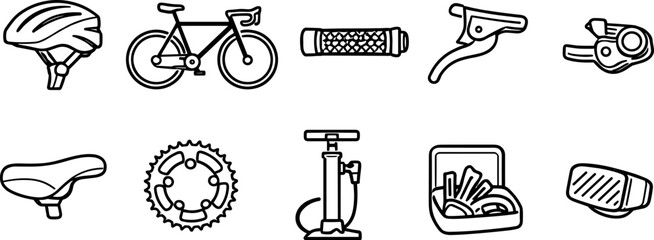 Collection of bicycle parts and accessories icons in a simple outline style