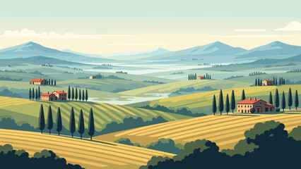 Naklejka premium Idyllic Tuscan landscape with rolling hills, cypress trees, and farmhouses under a hazy sky