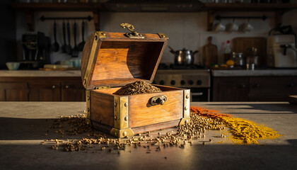 Vintage Wood and Brass Spice Box on Dark Stone Countertop with Authentic Spices