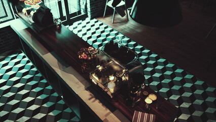 sunlit modern counter with pastries and teal accents, geometric tiled floor and pendant lights. plated desserts and coffee staged for barista shoot, crisp © icetray