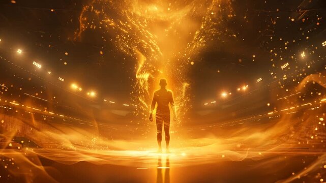 黄金の光をまとうアスリートの抽象イメージ動画　自己超越・成功・栄光・情熱を表現した背景素材