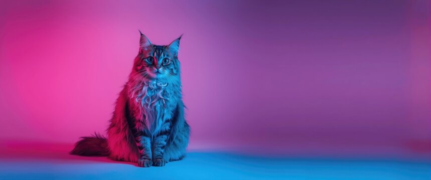 Long-haired cat's portrait under cyano and magenta neon lights showcasing different poses and expressions in vibrant blue and red hues