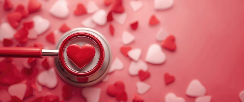 Top view background with a red statoscope and red heart for Valentine Day, World Health Day, World Blood Donor Day, and Doctor Day