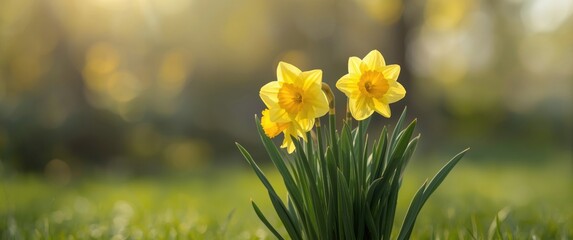 Naklejka premium cluster of bright yellow daffodils blooming in the garden during spring