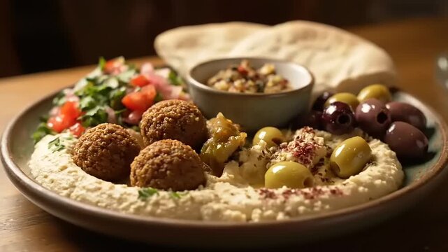 Delicious Middle Eastern Mezze Platter with Falafel Hummus and Salad.
