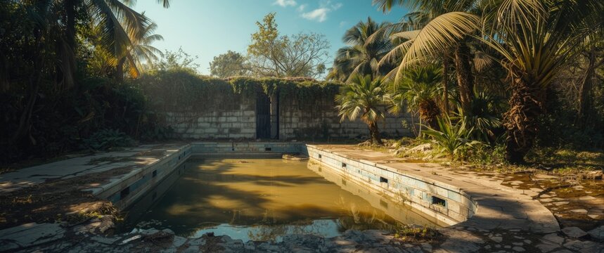 Dilapidated pool with dirty water in Murdeshwar, India