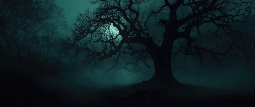 Foggy forest wallpaper featuring mysterious dark trees and twisting branches