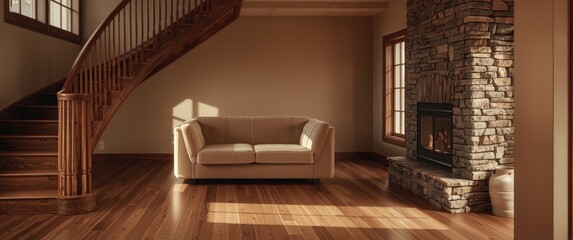 Naklejka premium Contemporary living room design with color tones, hardwood staircase, and stone fireplace