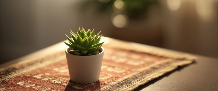 Detailed close-up and bokeh of haworthia pepe succulent in a small white pot, resting on a table with ethnic fabric under warm evening sunlight