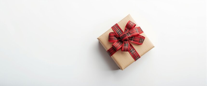 Side view of a brown Christmas gift box with red plaid bow and ribbon, on white background