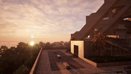 Fototapeta premium The sun is setting over a building with a view of the water