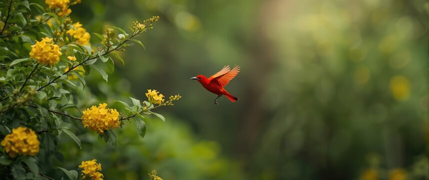 This honeycreeper, with brilliant colors, is feeding on yellow shrub flowers and beginning to fly to another shrub