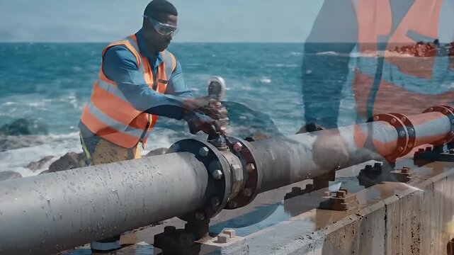 Technician fitting pipes on coast - A medium shot captures a technician fitting flexible pipes near the coast. The focus is on moisture-resistant materials designed to withstand salty air.