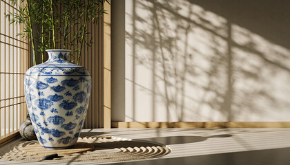 Luxury Antique Ming Style Blue and White Vase in Peaceful Zen Garden Setting