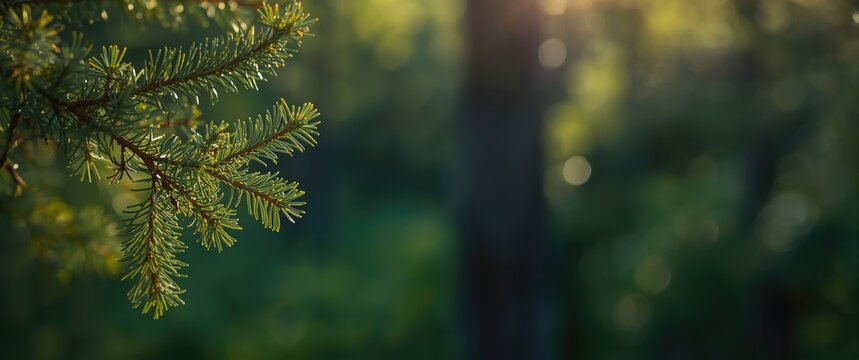 Green Background Featuring a Spruce Branch in Sunlight with Focused Detail