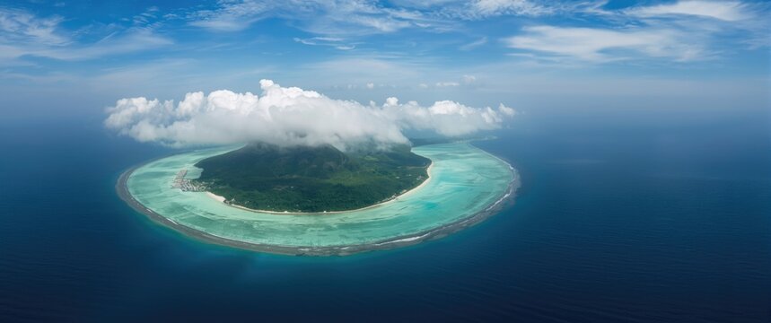 Panoramic aerial landscape of Aldabra Island, Seychelles, located in the southwestern Seychelles, partly shrouded in clouds