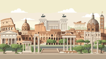 Iconic Roman landmarks illustrated in a flat, stylized cityscape with a warm, muted color palette
