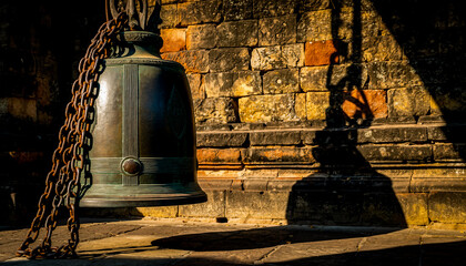 Large Antique Temple Bell with Heavy Chain Hanging in Sun-Drenched Temple 2026