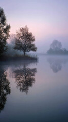 Obraz premium Misty morning tranquility at a serene lake with soft pastel colors reflecting on calm waters