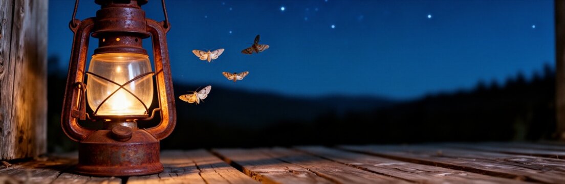 Lantern light attracting moths on a wooden deck under starry night sky