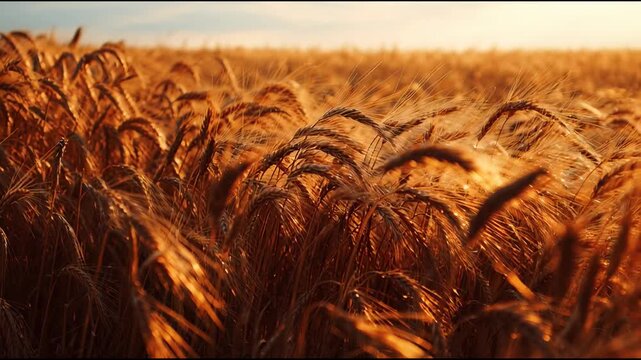 Golden wheat sunset field rural harvest landscape agriculture grain farm summer scene with amber grain swaying gentle breeze, tranquil countryside view and soft light vast field, nature rhythm across