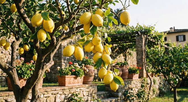 Ripe yellow lemons hanging on branches in a sunny Mediterranean garden, organic farming or lemonade production