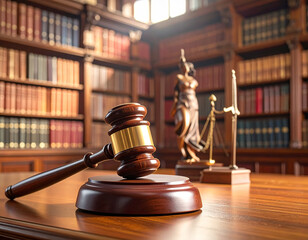 Judge gavel with book shelf symbolizing justice and law. Symbol for crime, judgement, legislation and judicial decisions. This image was artificially generated