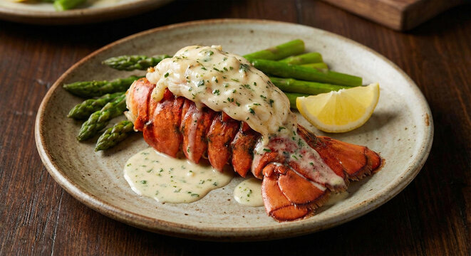 Gourmet lobster tail served with creamy sauce and green asparagus