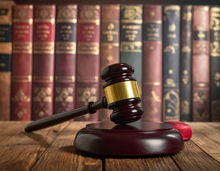 Judge gavel with book shelf symbolizing justice and law. Symbol for crime, judgement, legislation and judicial decisions. This image was artificially generated