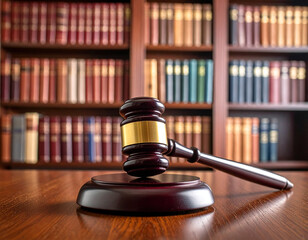 Judge gavel with book shelf symbolizing justice and law. Symbol for crime, judgement, legislation and judicial decisions. This image was artificially generated