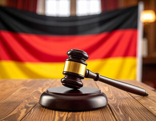 German national flag and judge gavel symbolizing justice and law. Symbol for crime, judgement, legislation and judicial decisions. This image was artificially generated with A