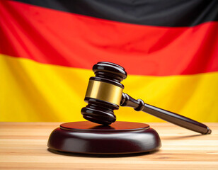 German national flag and judge gavel symbolizing justice and law. Symbol for crime, judgement, legislation and judicial decisions. This image was artificially generated with A