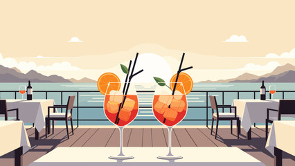 Fototapeta premium Two refreshing aperol spritz cocktails on a terrace overlooking the sea at sunset