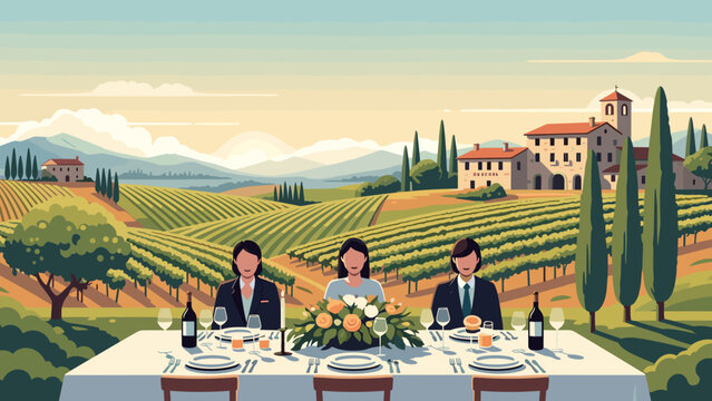 Elegant outdoor dining experience amidst rolling vineyards and Tuscan villa scenery