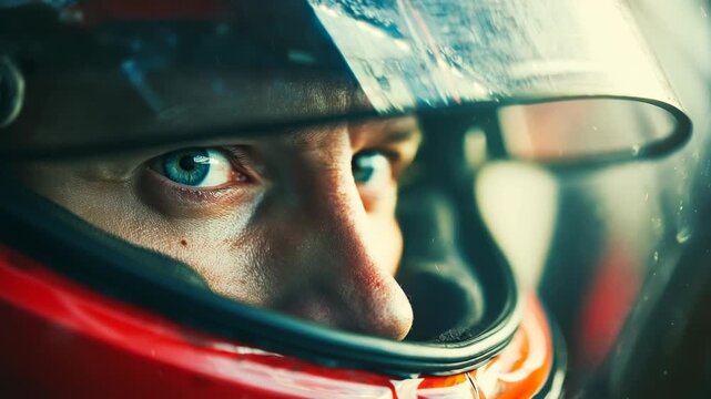 Male race car driver in red helmet focuses intensely, eyes visible through visor, preparing for the race in a high-speed motorsport environment