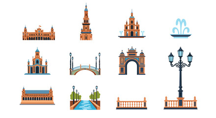 Naklejka premium Collection of Spanish architectural elements and landmarks in a flat design style