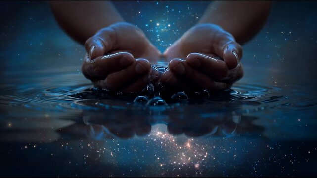 Hands cupping water reflection night sky, star and galaxy glow with ripple waves, cosmic serenity and dreamy surreal mood, mystical universe held palms, soothing blue light and calm atmosphere