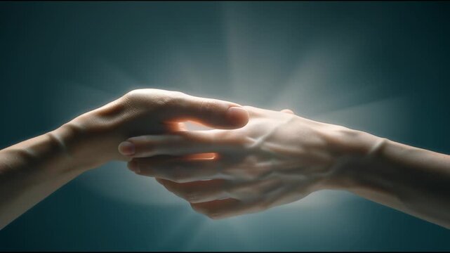 Gently cupped hand and open palm with finger and skin tender touch, soft glow and radiant light, subtle ray and serene aura, human connection with hope, compassion, trust, support, and healing energy