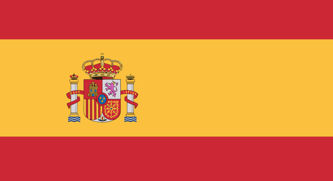 The national flag of Spain with its coat of arms prominently displayed on the left side