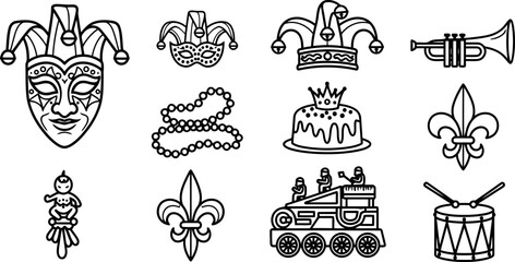 Mardi Gras icons collection: mask, beads, cake, and trumpet vector art