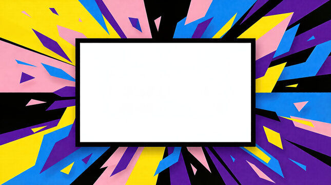 Blank white screen surrounded by colorful abstract background with geometric shapes