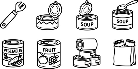Canned food icons for National Canned Food Month vector set