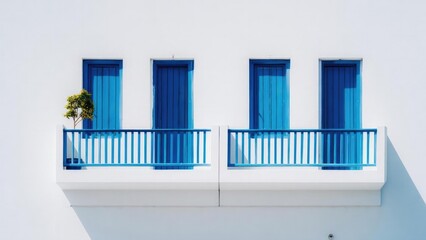 Fototapeta premium White building with bright blue doors and railings, two balconies and a small tree on the left. Concept Architectural Photography, White Facade with Blue Accents, Balcony Details, Urban Street Scene