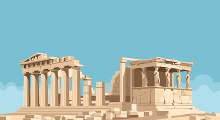 Obraz premium Ancient Greek Acropolis ruins with columns and Caryatids against a blue sky