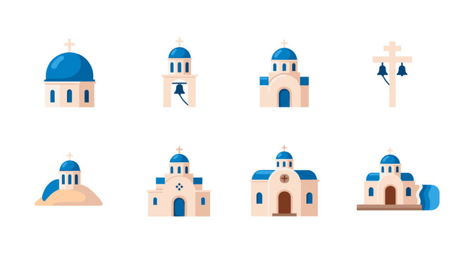 Collection of flat design Greek Orthodox churches and bell towers with blue domes