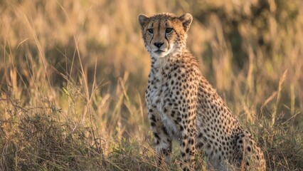 Naklejka premium A cheetah sits in tall golden savannah grass, gazing into the distance. Concept Cheetah, Savannah landscape, Tall golden grasses, Predator gaze, Wildlife photography