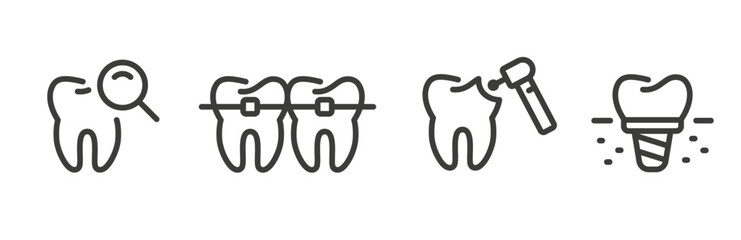 Dental treatment icon set, oral examination, teeth alignment with braces, caries treatment, implant placement, tooth restoration
