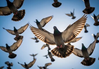 Obraz premium Flock of Pigeons Flying Against a Blue Sky bird birds