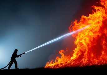 Obraz premium Specialized team fighting intense brush fire with high-pressure water hoses, working to suppress the spread of the massive blaze, danger, uniform, dry