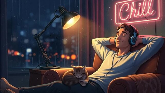 Man Listening to Music in Lofi Animation Loop